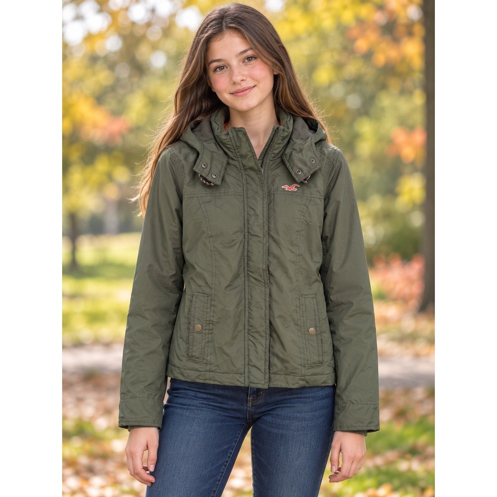 Hollister Girls‎ Youth Large Green Hooded Winter Jacket Fleece Lined Zip Up Coat